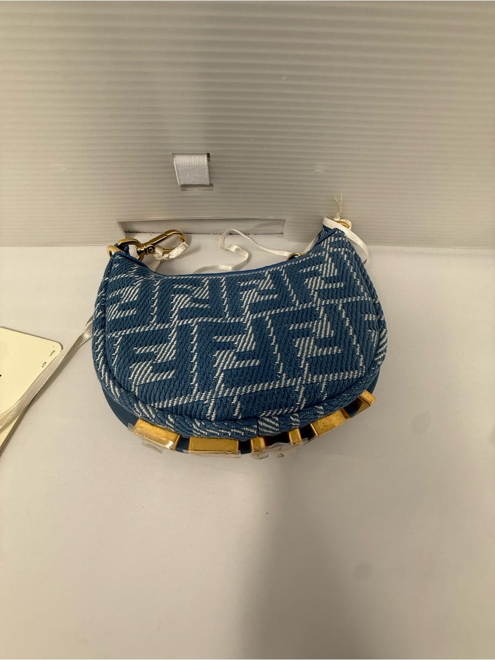 Fendi Blue Monogram Crescent Mini Bag with Gold Accents